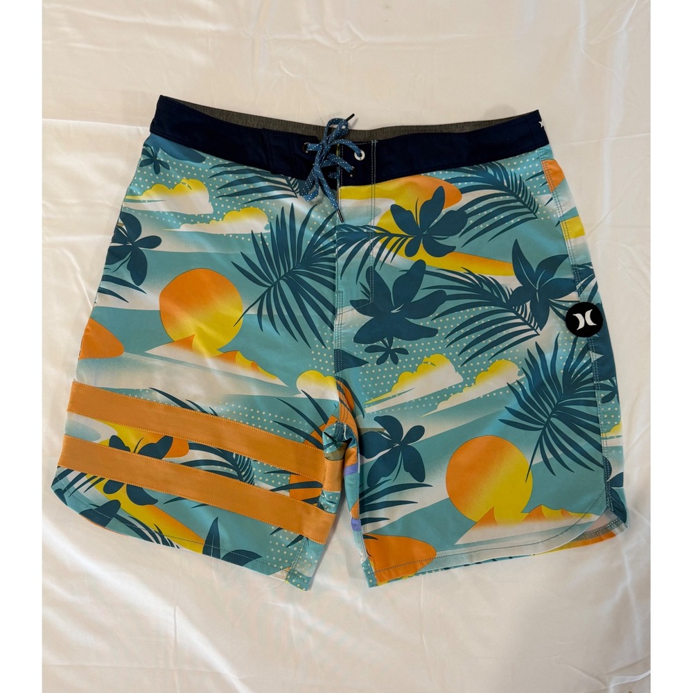 Hurley Phantom Tropical Sunset Board Shorts Blue Orange Size 32 Surf Swim Trunks